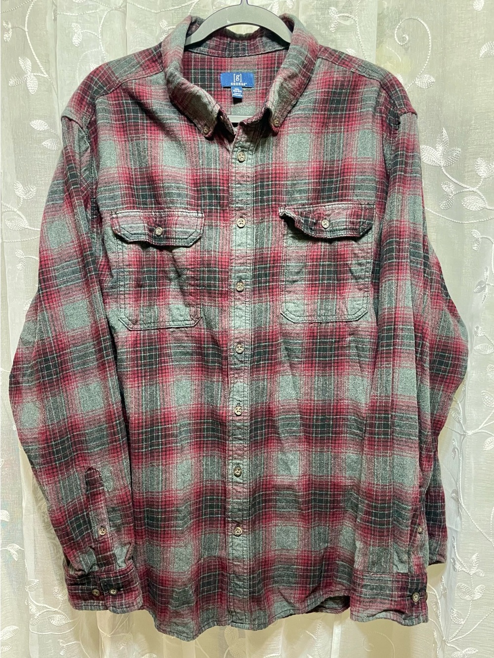 George Red and Gray Plaid Button-Up Shirt